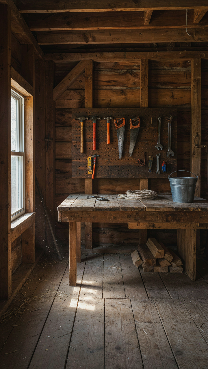 The interior of a wooden barn with a functional work table and tools.