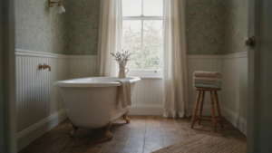 A tranquil cottage bathroom with a white clawfoot tub, wooden stool, and sunlit window.