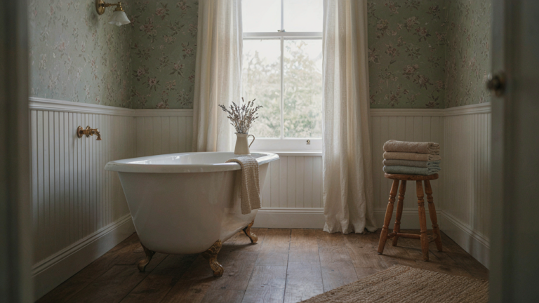 A tranquil cottage bathroom with a white clawfoot tub, wooden stool, and sunlit window.