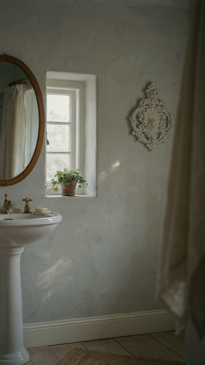 A vintage mirror in a cottage bathroom reflecting a sunlit window.