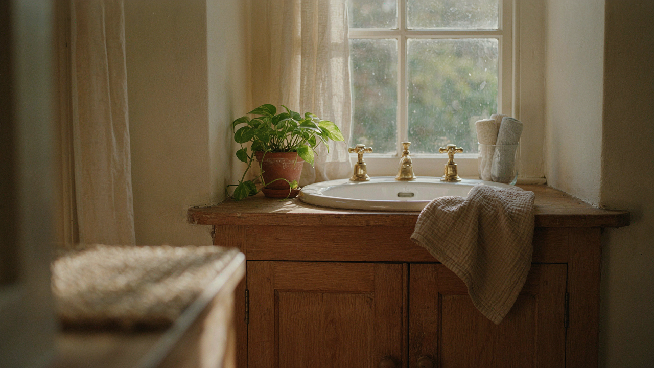 A rustic wooden cottage bathroom vanity with a white sink and brass faucet in natural light.