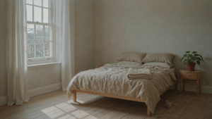 A tranquil cottage bedroom with soft bedding and natural light for a restful retreat.