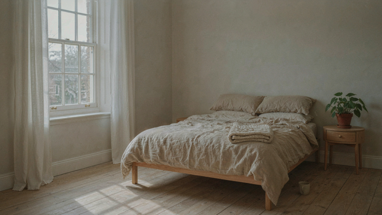 A tranquil cottage bedroom with soft bedding and natural light for a restful retreat.