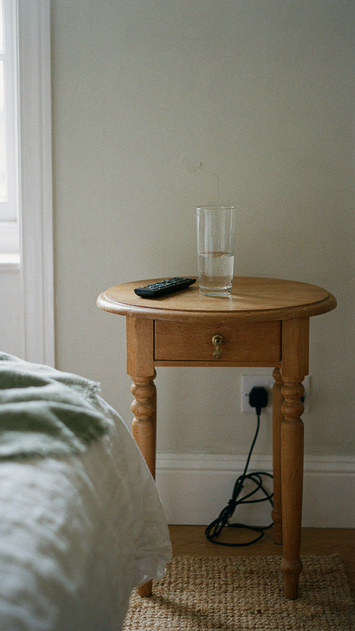 A simple nightstand in a cottage guest bedroom with essential items.