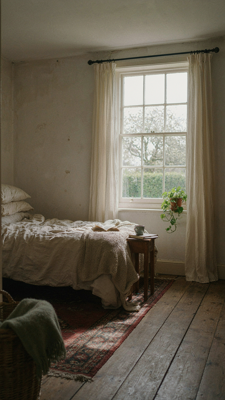 Soft morning light enters a cottage bedroom through a carefully placed window.