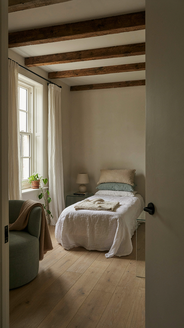 A minimalist cottage guest bedroom with clear nightstand and exposed wooden beams.