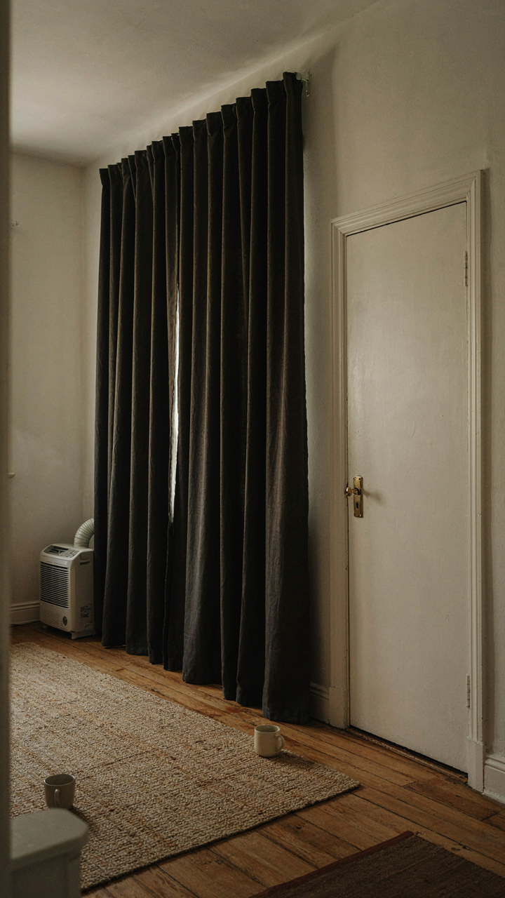 A cottage guest bedroom with heavy curtains, a rug, and a portable AC unit.