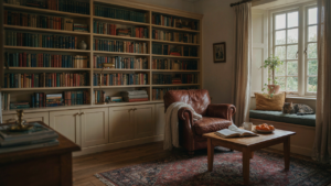 A cozy cottage living room with a full wall of integrated cottage built ins.