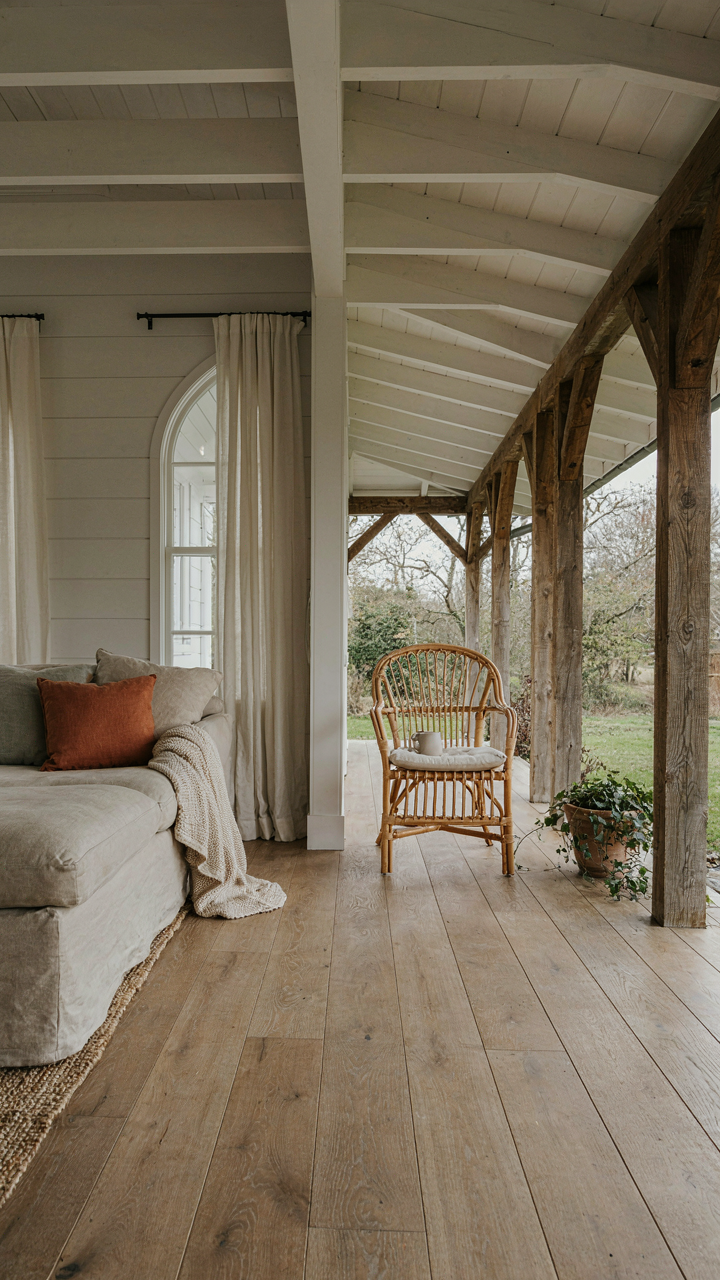 Seamless transition from inside a cottage bungalow to a covered porch with matching floors.