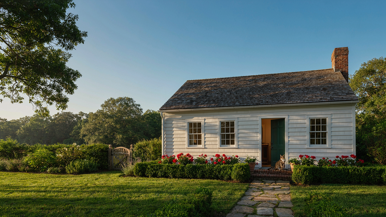 Charming, compact cottage bungalow with a small garden in warm afternoon sunlight.