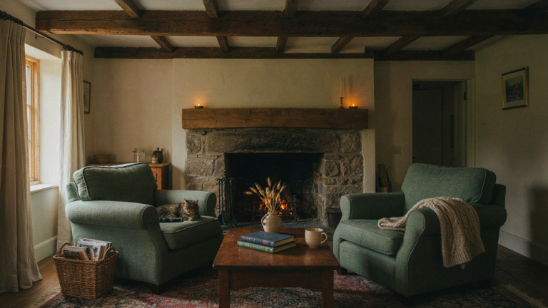 A cozy living room featuring prominent cottage ceiling beams and a warm fireplace.