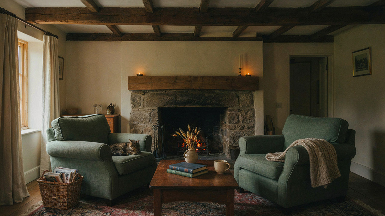A cozy living room featuring prominent cottage ceiling beams and a warm fireplace.