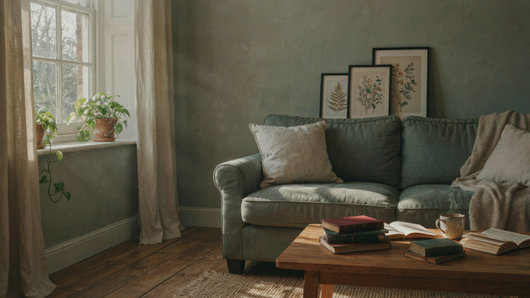 A warm and inviting cottage living room filled with natural light and soft furnishings.