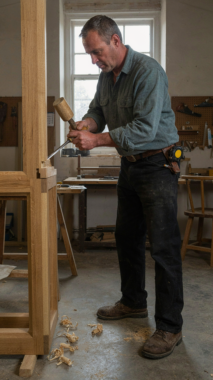 A carpenter precisely chiseling a joint on a wooden door frame.