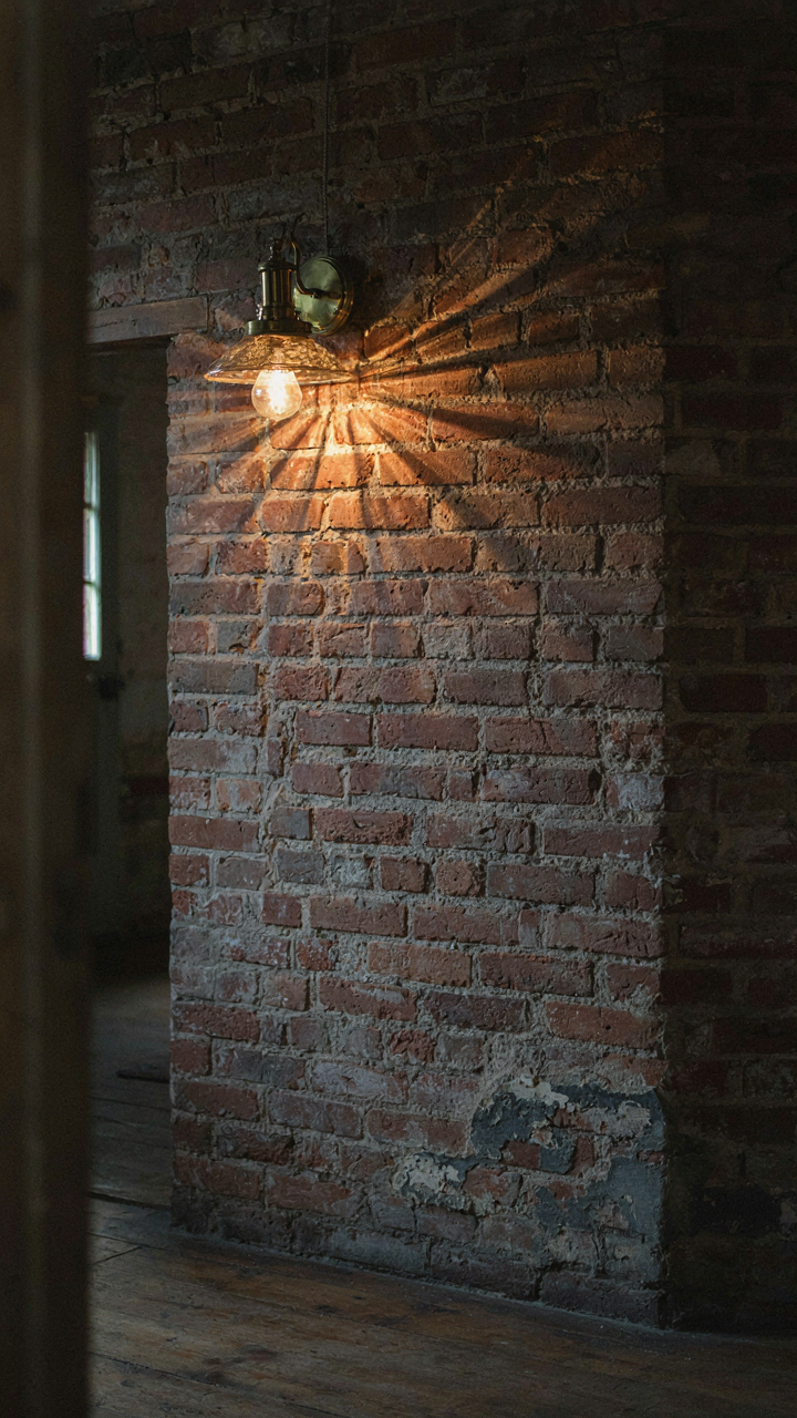 A vintage brass sconce casts a dramatic shadow pattern on an exposed brick wall.