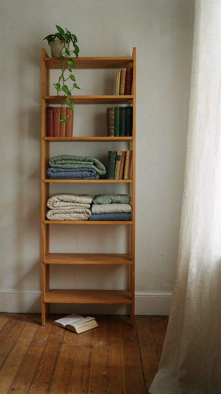 A tall, narrow wooden shelf unit filled with quilts and books in a small room.