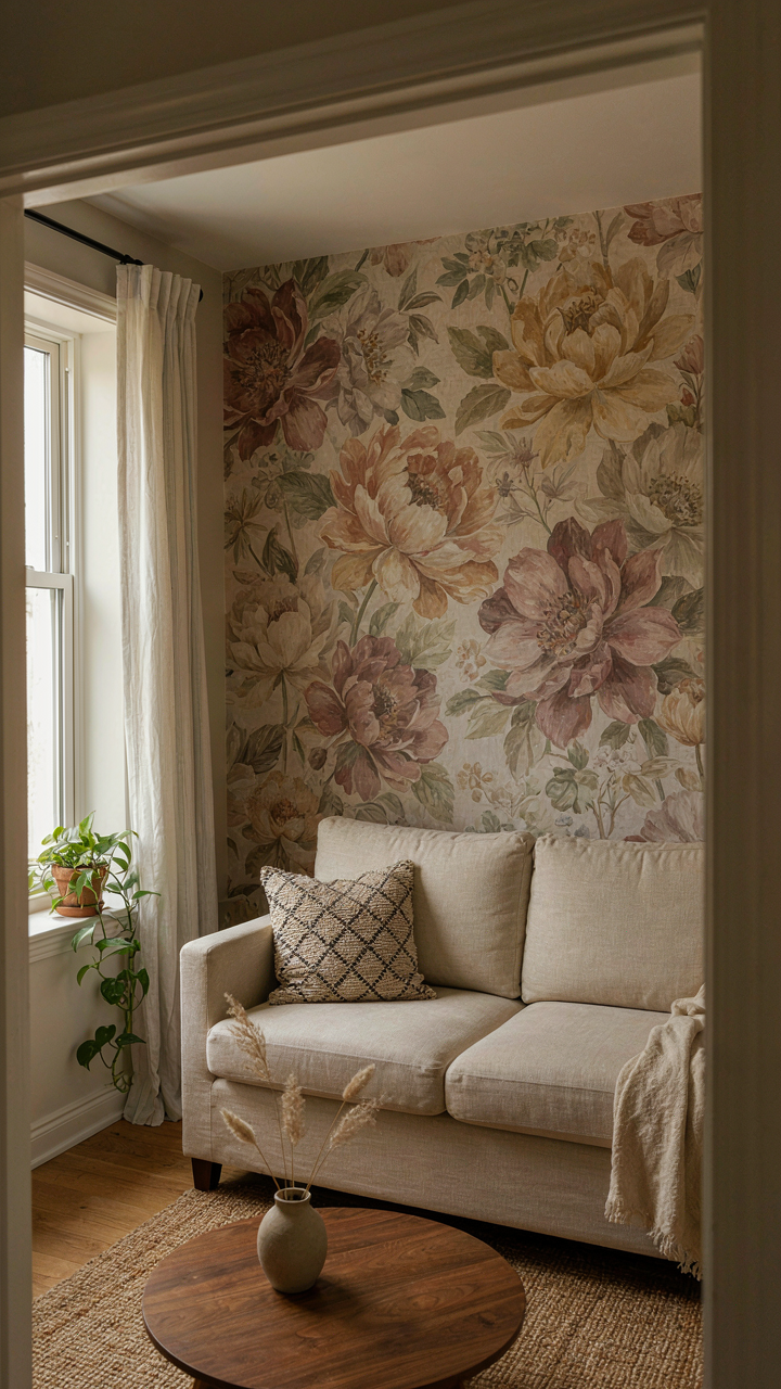 A calm living room with large floral cottage wallpaper and smaller accent patterns.