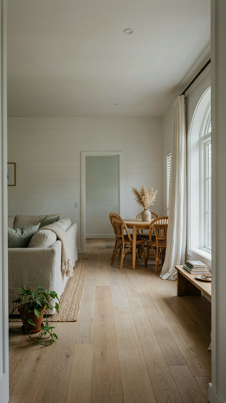 A clear, open path through a white cottage living room with minimalist furniture.