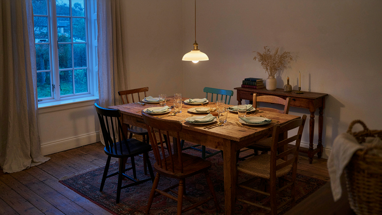 A cozy cottage dining room with a large wooden table and chairs under a warm light.