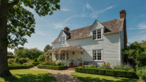 A charming cottage features two gabled dormer windows under a clear blue sky.