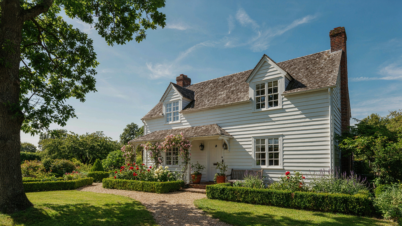 A charming cottage features two gabled dormer windows under a clear blue sky.
