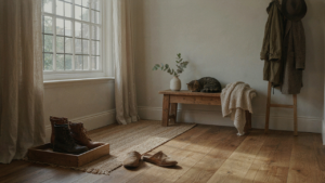 A welcoming and organized cottage entryway with a wooden bench and hooks for coats.