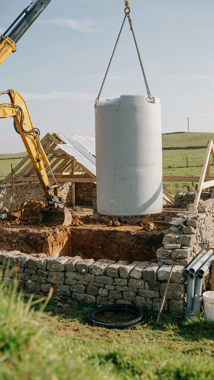 A large water storage tank being installed next to a cottage foundation for future use.