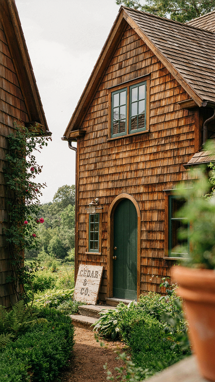 A cottage with cedar shake roofing, bronze trim, and lush green plants.