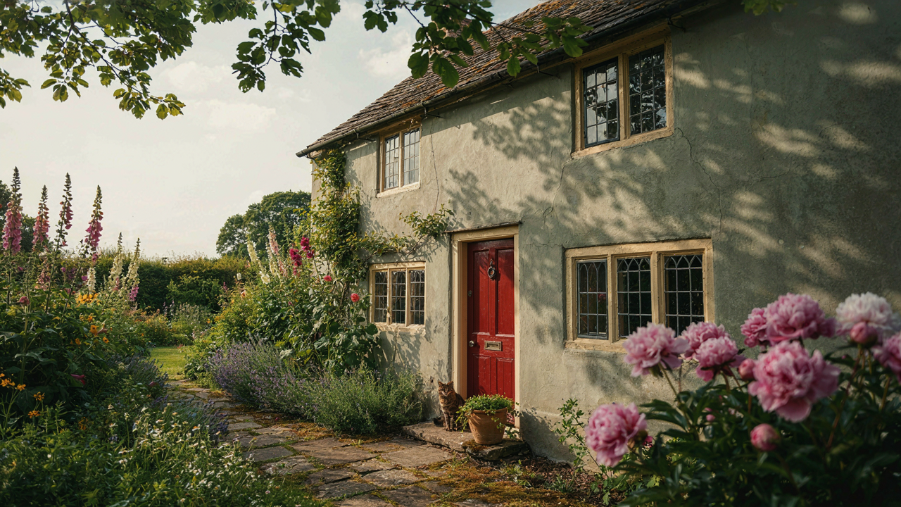 A charming cottage exterior with soft green walls and a vibrant red door.