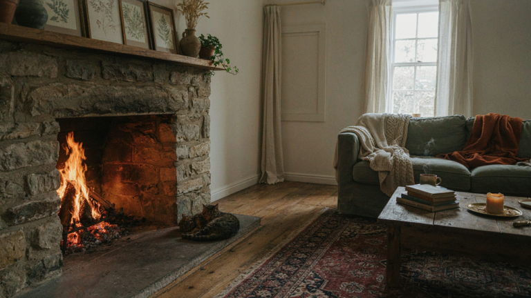 A cozy cottage living room with a stone fireplace at its center, radiating warmth.
