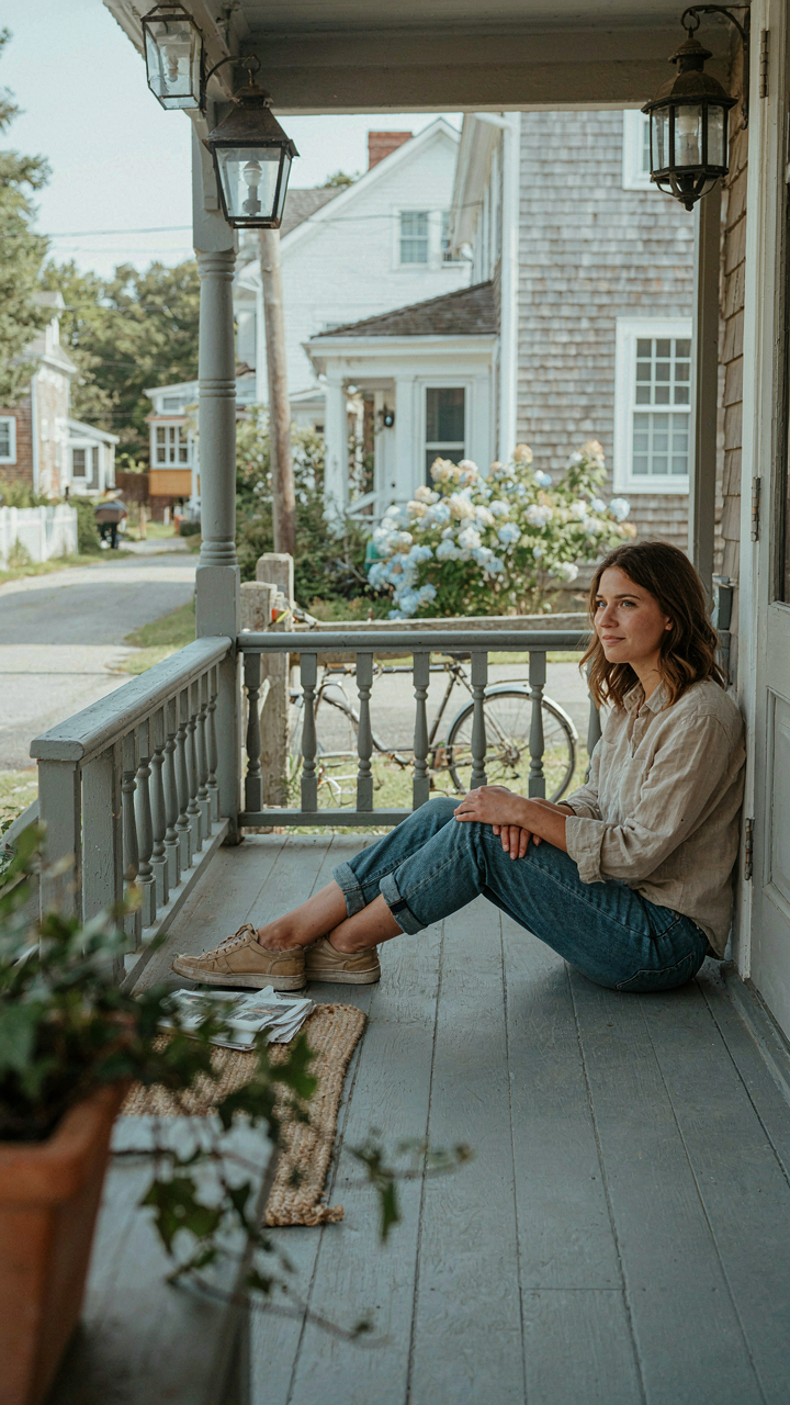 A person sits on a deep cottage porch, present but protected from the street.
