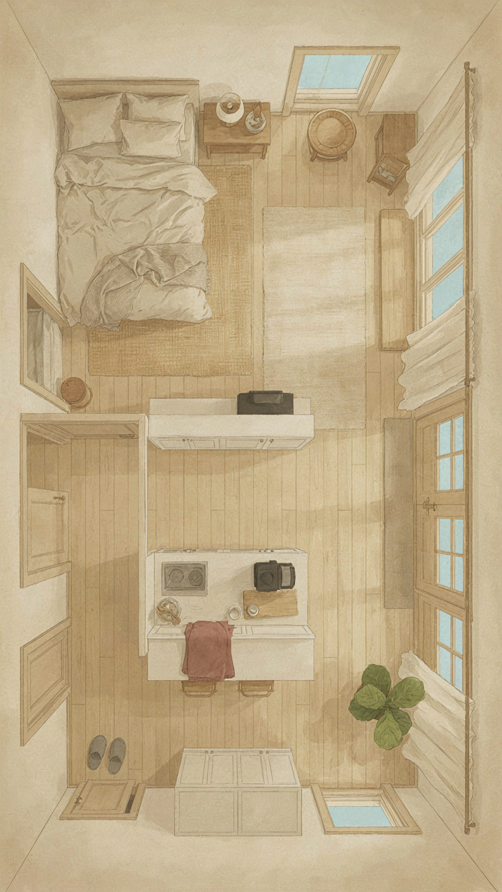 A short path leads from a bed to a coffee maker, then to a porch.