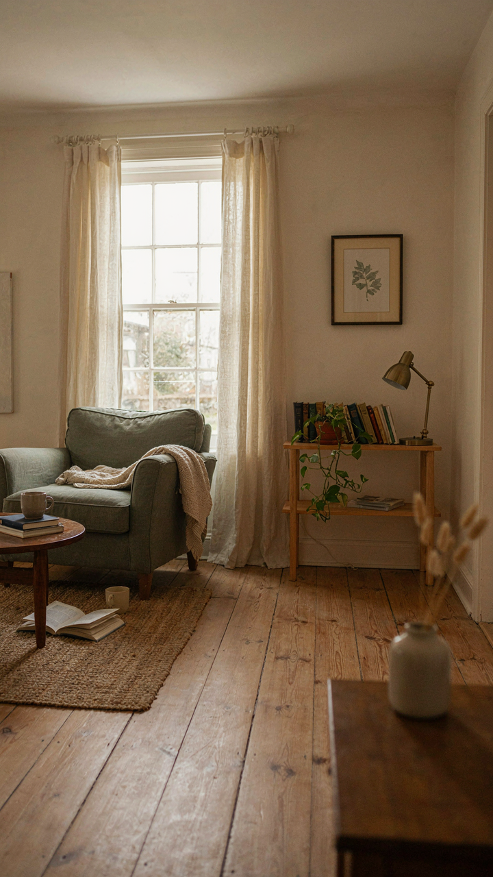 Well-chosen armchair and bookshelf in a proportional living room of a cottage bungalow.