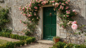 A welcoming green cottage front door with a classic brass knocker.