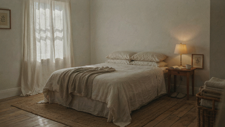 A serene cottage guest bedroom with a neatly made bed and a soft, inviting light.