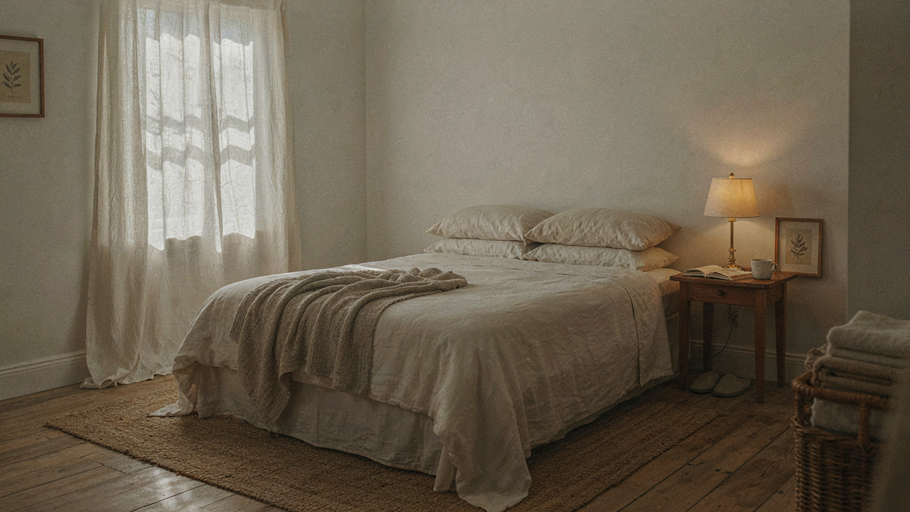 A serene cottage guest bedroom with a neatly made bed and a soft, inviting light.