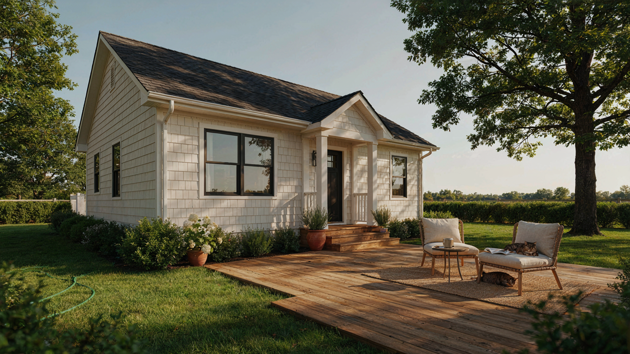 A charming cottage guest house in a green backyard, inviting and well-kept.