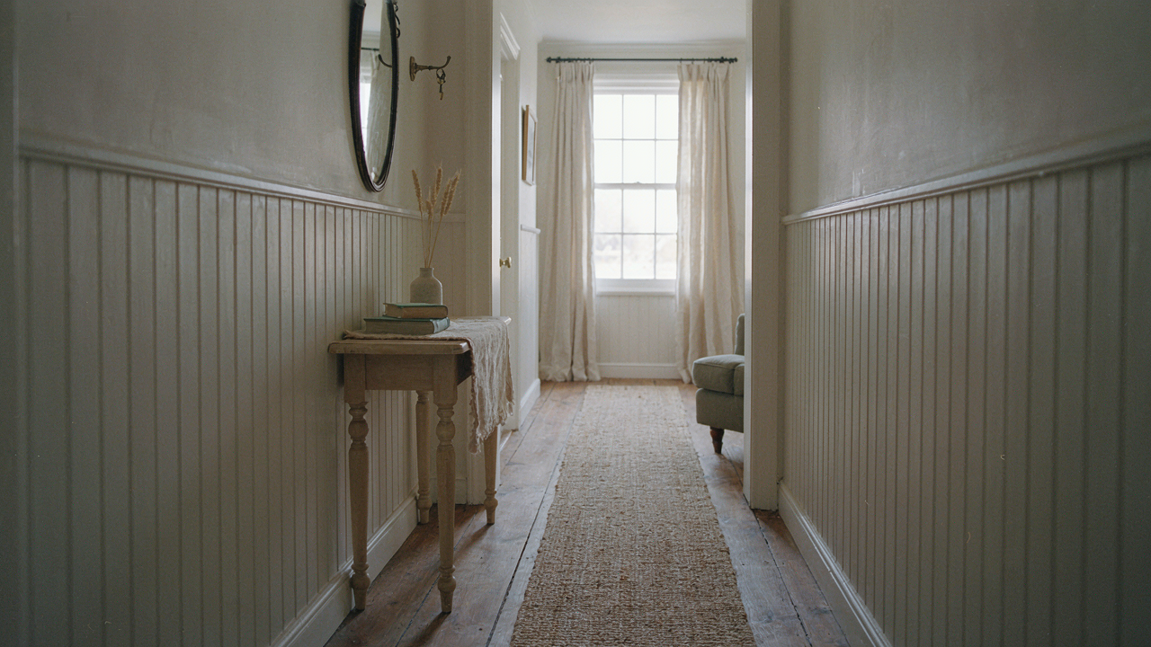 A charming cottage hallway with white beadboard walls and a small wooden console table.