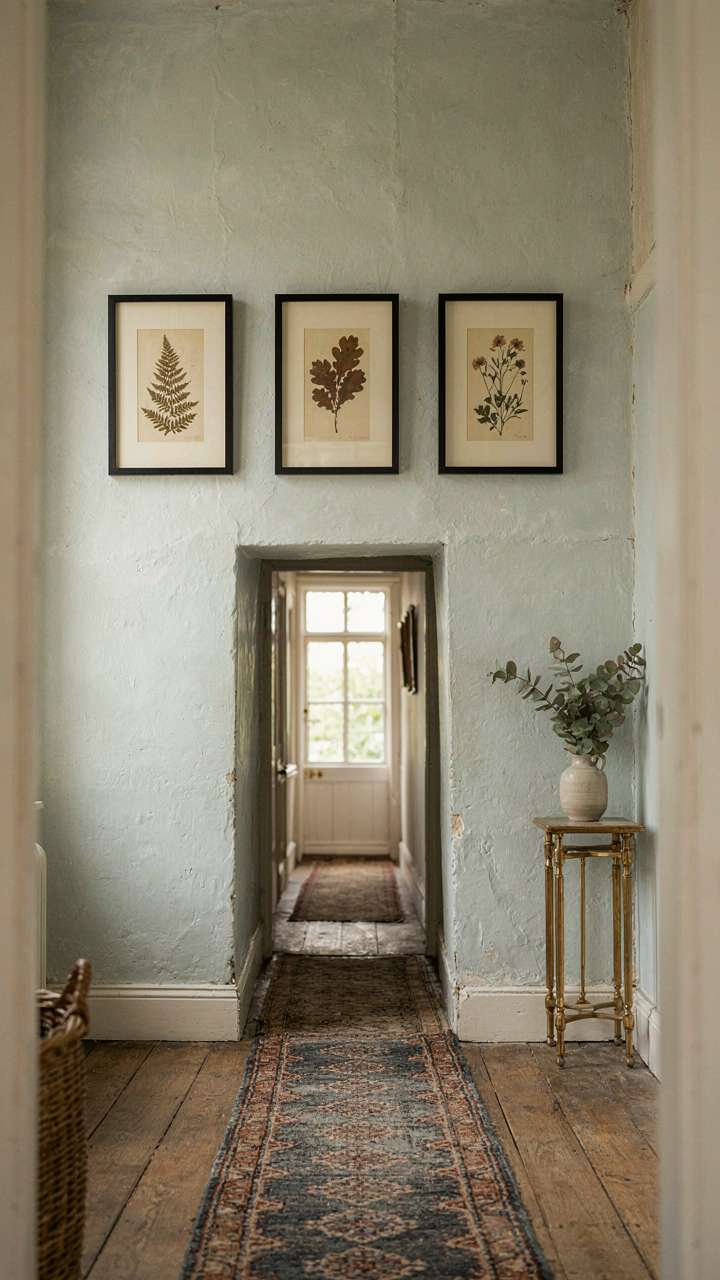 A narrow cottage hallway displaying three botanical prints at eye level.