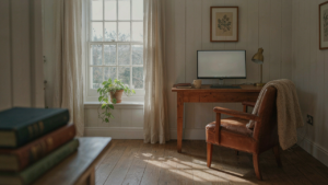A warm and inviting cottage home office with a desk by a window.