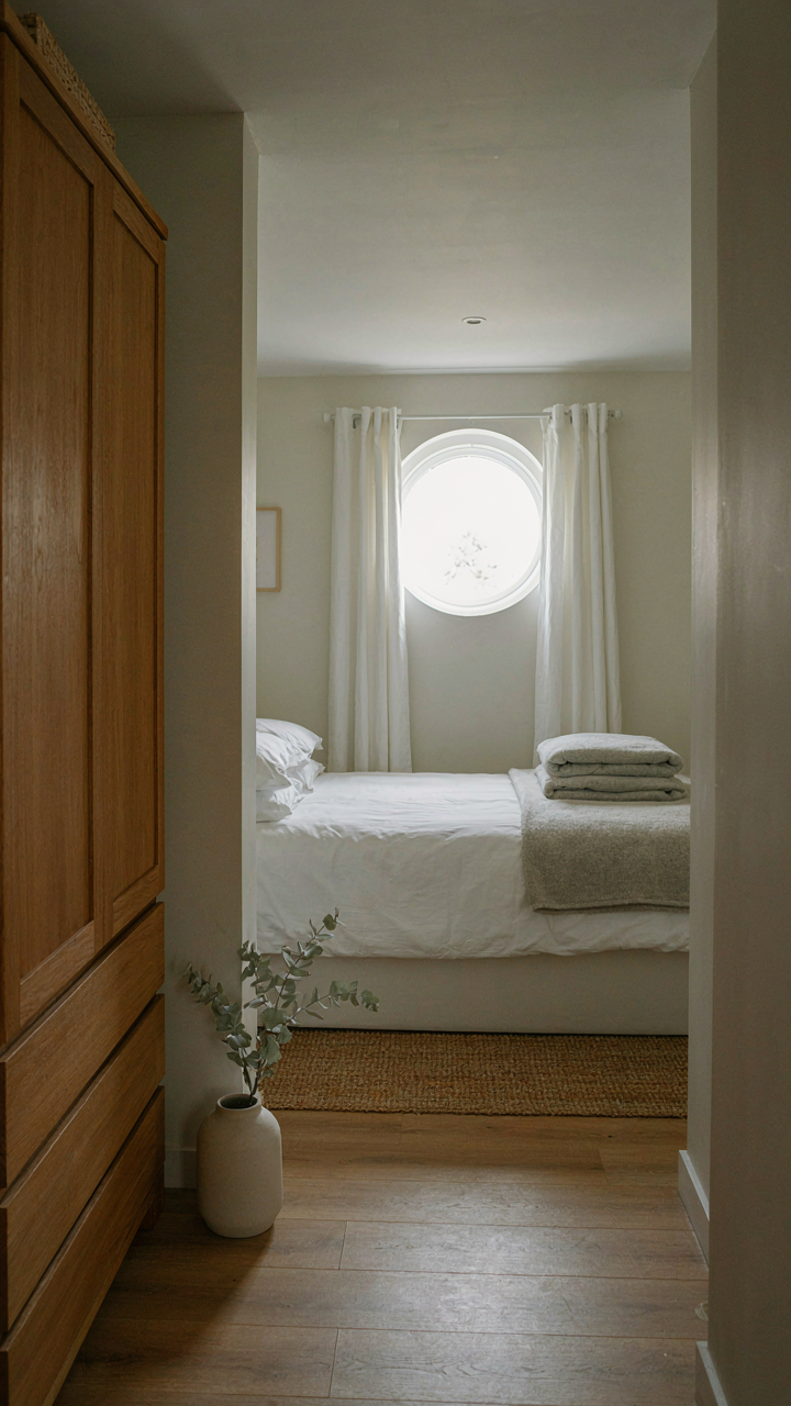 A tidy cottage bedroom with items neatly hidden behind closed cabinet doors.