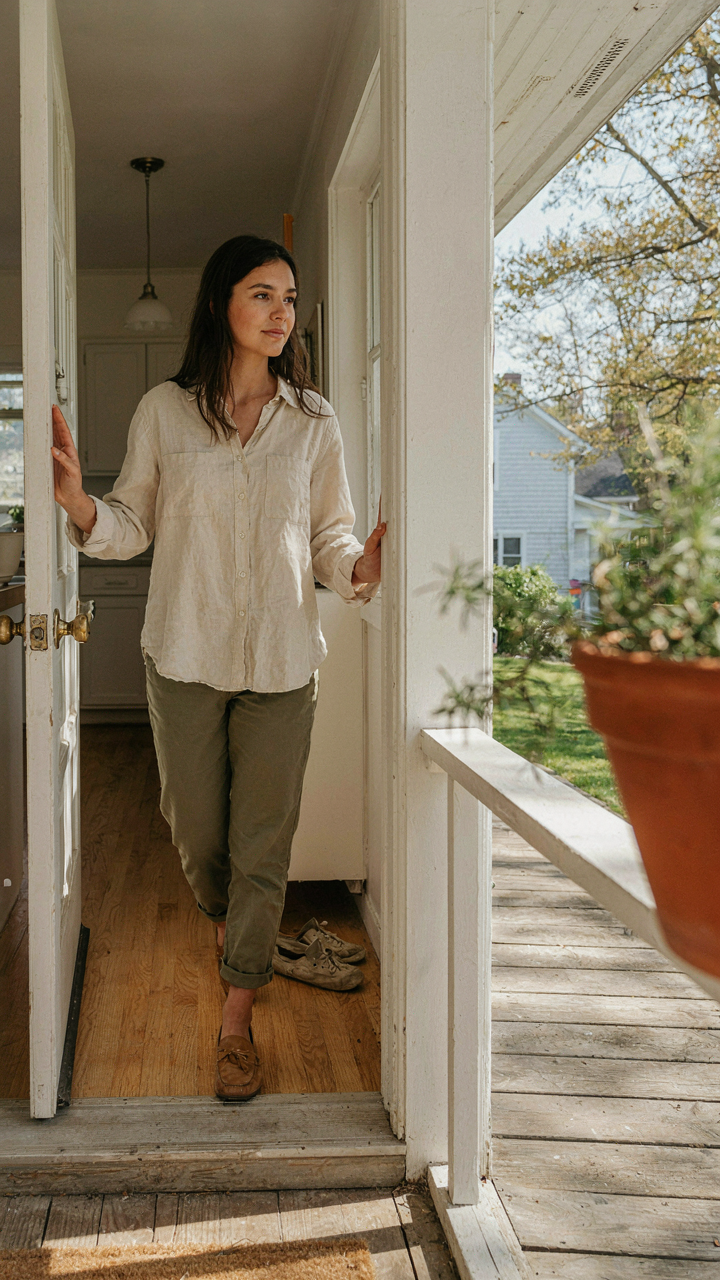 A person steps from a bright interior onto a sunny porch, marking a transition.