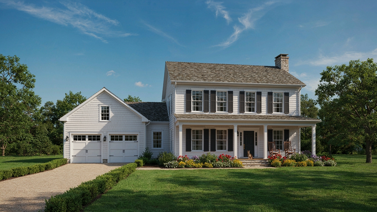 A beautiful cottage house with an attached two-car garage and a well-kept garden.