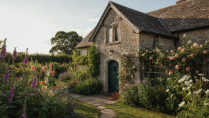 A charming cottage house with a bright loft window nestled in a vibrant garden.