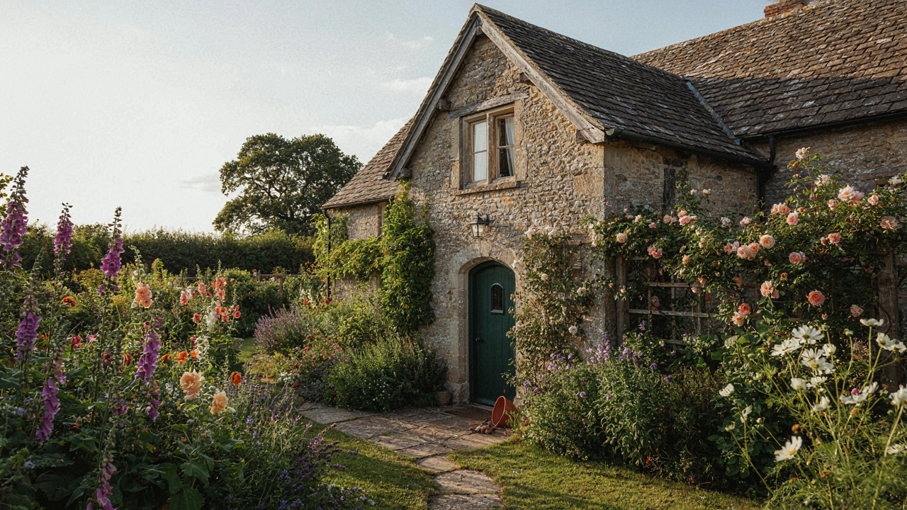 A charming cottage house with a bright loft window nestled in a vibrant garden.