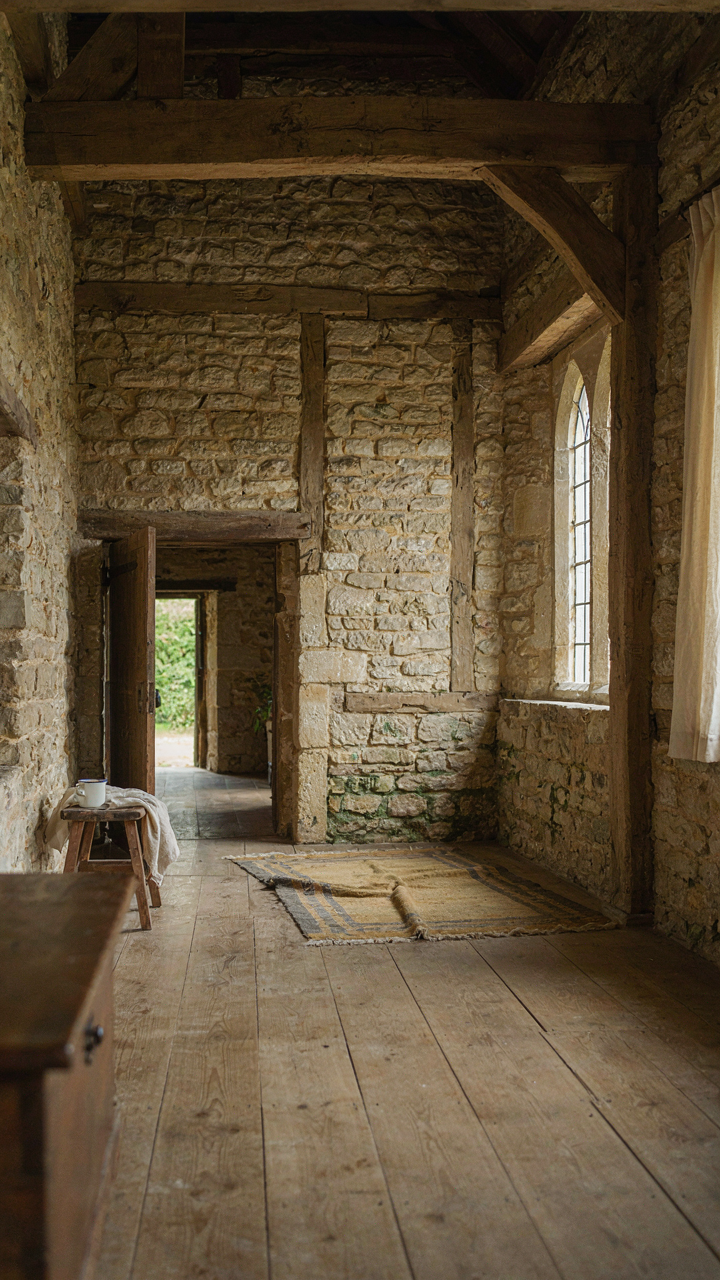 The interior of an ancient stone cottage shows exposed stone walls and timber beams.