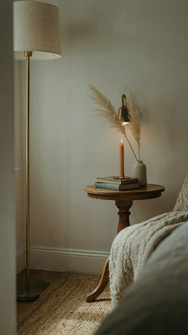 A cozy bedroom corner with a floor lamp and a wall sconce providing light.