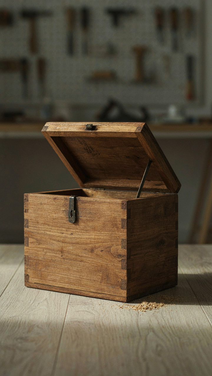 A rustic wooden chest with visible joints sits in a scandinavian cottage bedroom.