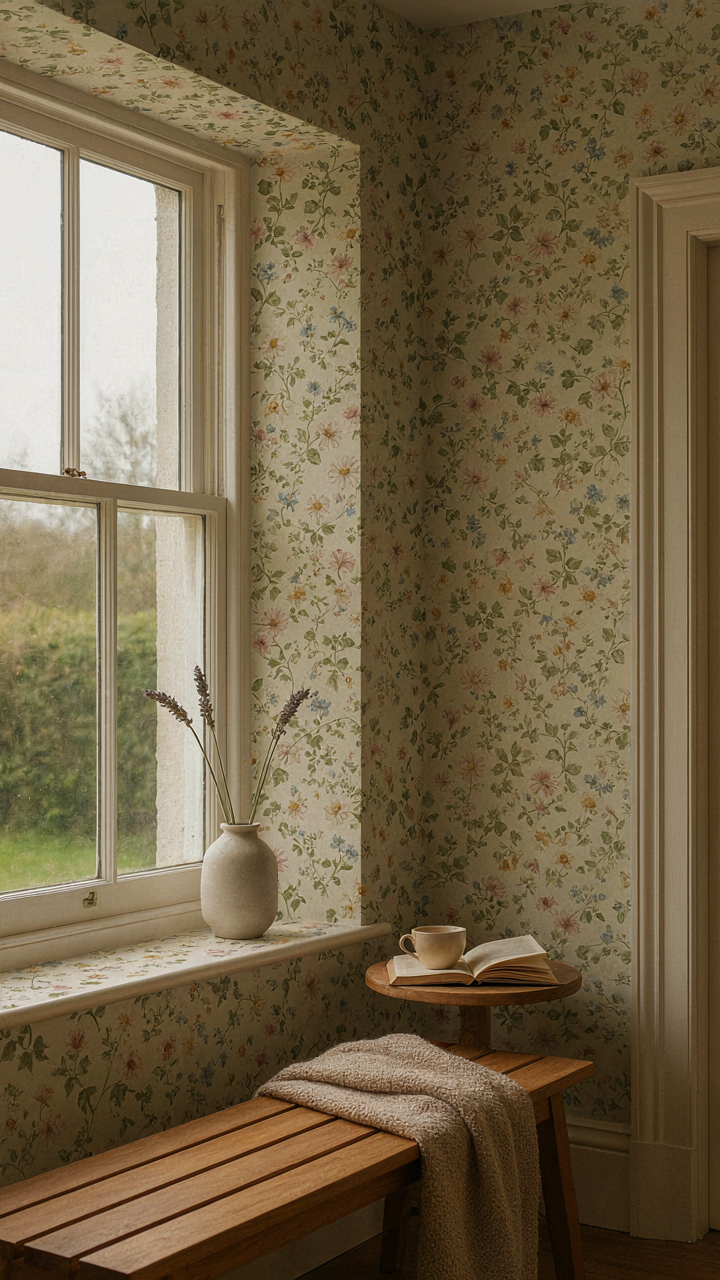 A cozy room with consistent, soft floral cottage wallpaper on all walls.