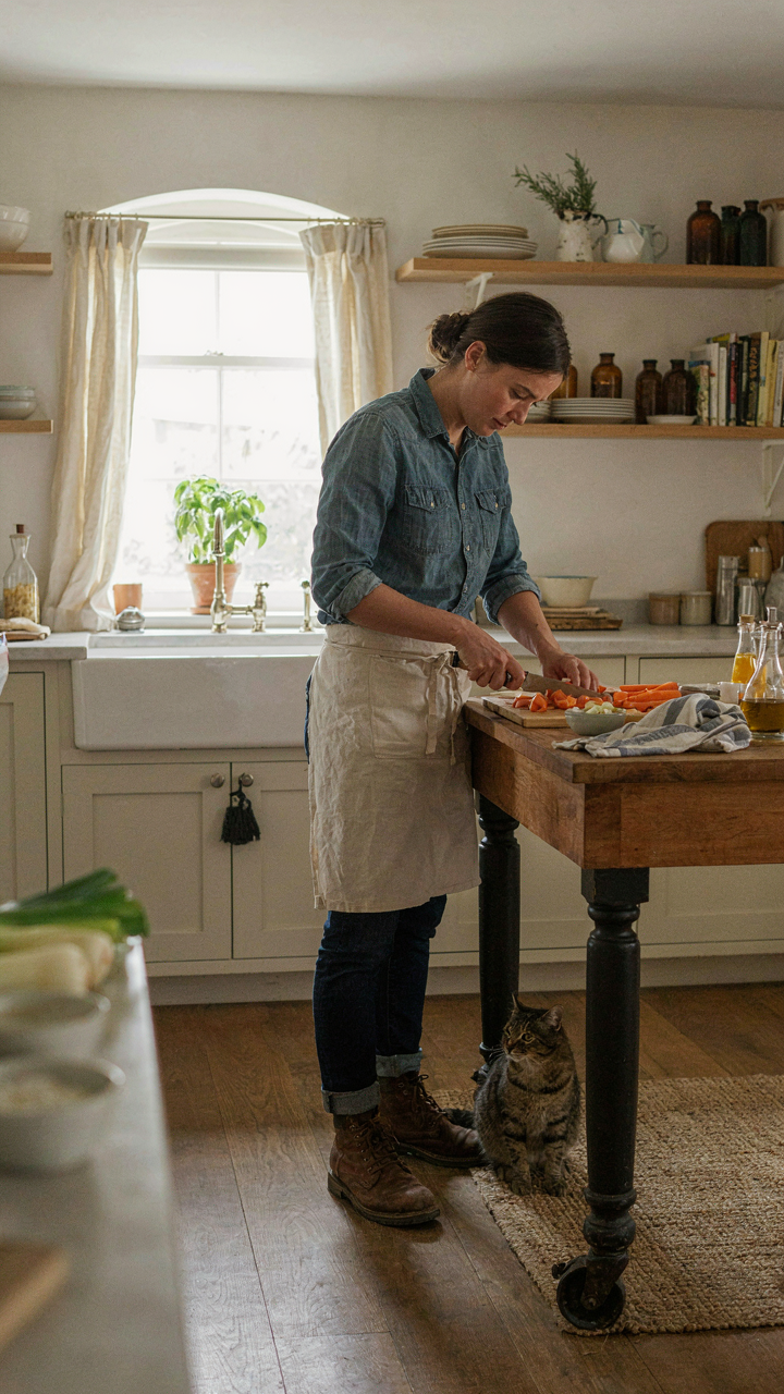 A chef preps vegetables on a butcher block island in a country kitchen.